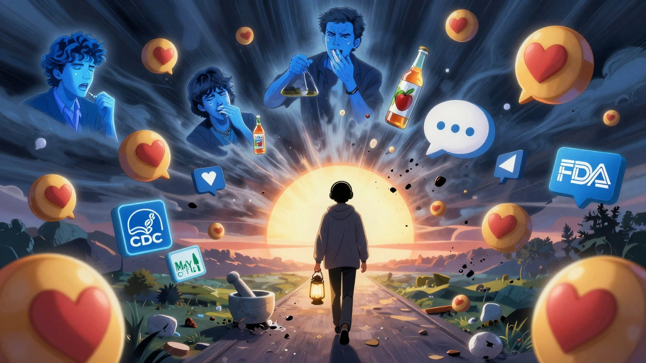 Figure walking through crumbling social media debris toward medical authority logos, misinformation storm behind them.