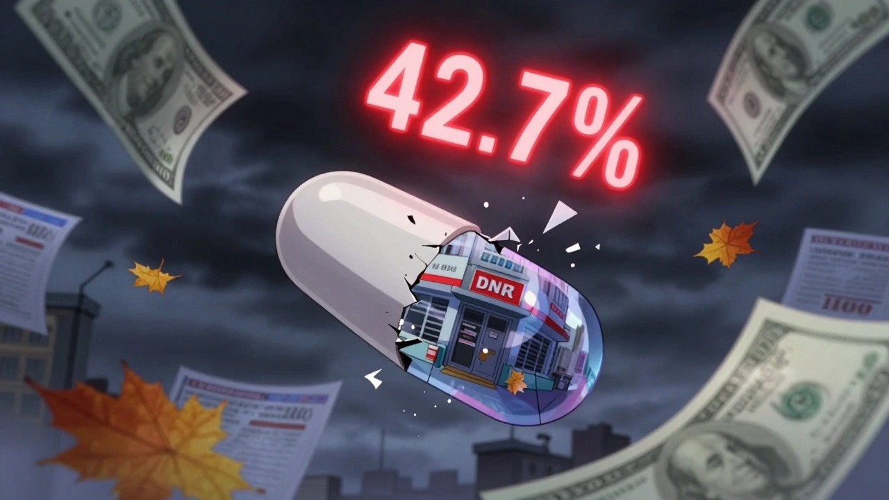 Floating generic pill reflecting closing pharmacies, with glowing margin percentage and swirling dollar bills.