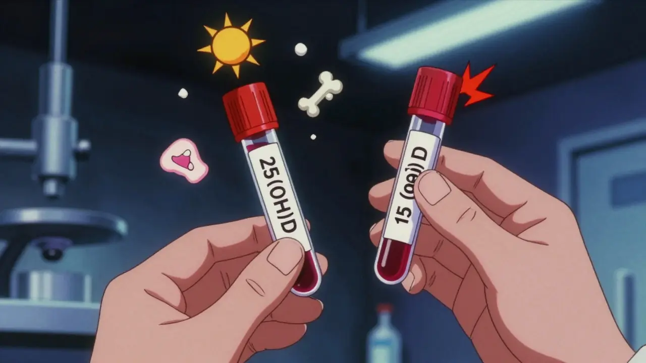 Glowing blood test vial with bone and sun icons, showing low vs. dangerous vitamin D levels.
