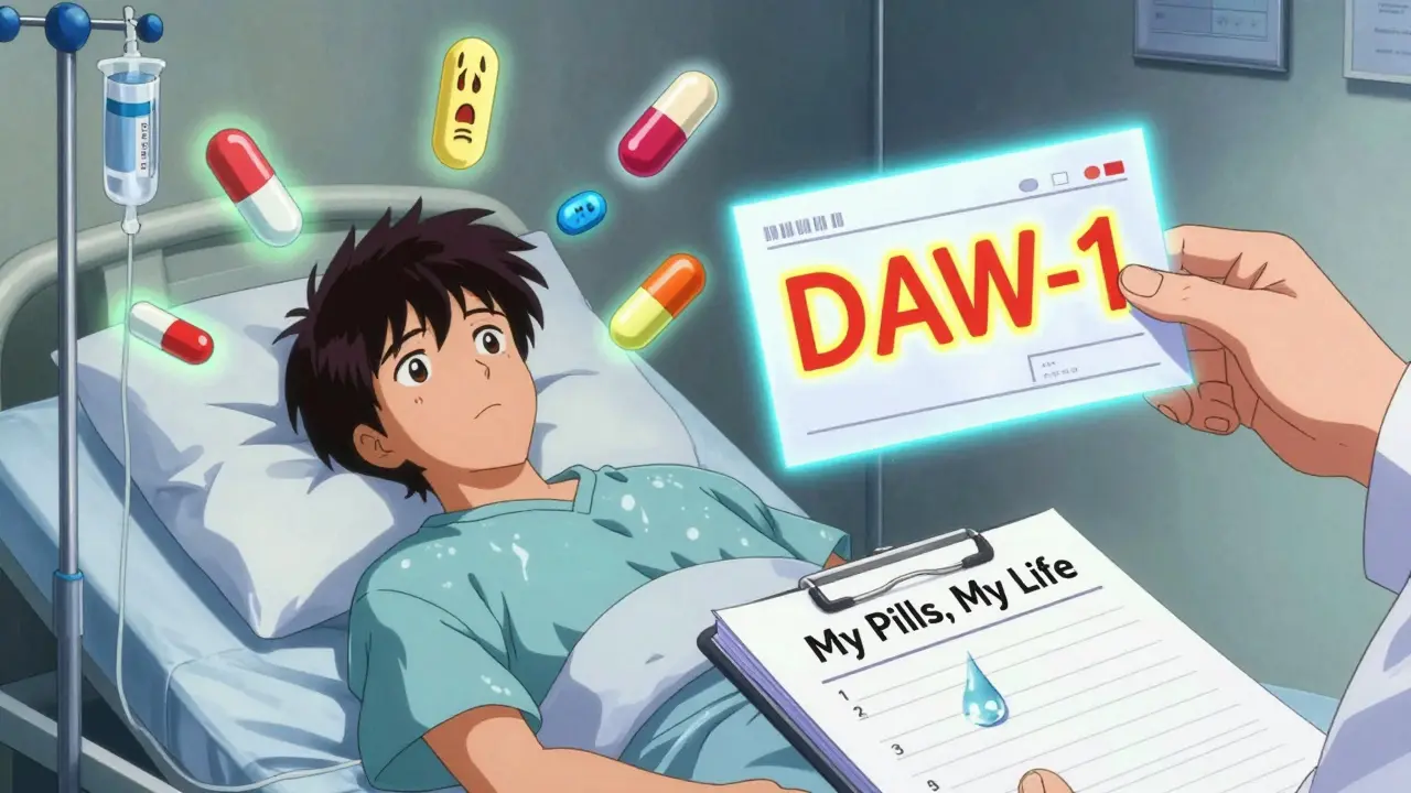 Hospitalized patient surrounded by floating pills emitting emotions, with a prescription reading 'DAW-1'.