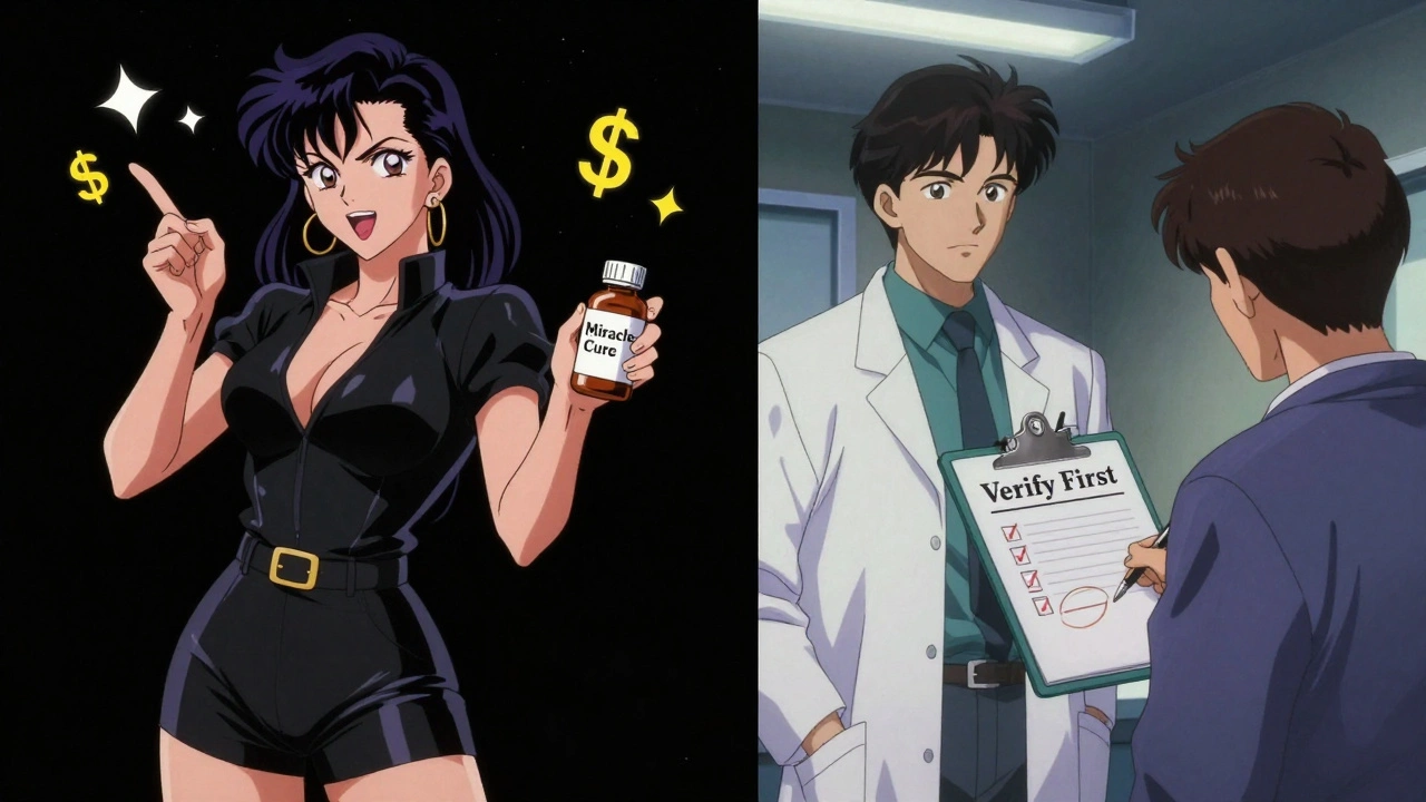 Influencer promoting fake cure vs. pharmacist giving safe advice in contrasting anime-style panels.