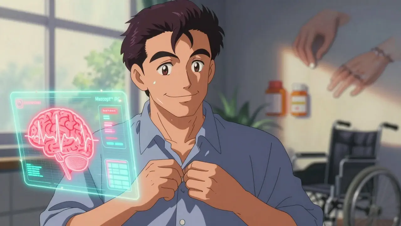 Man confidently buttoning his shirt as holographic brain data shows improved motor control.