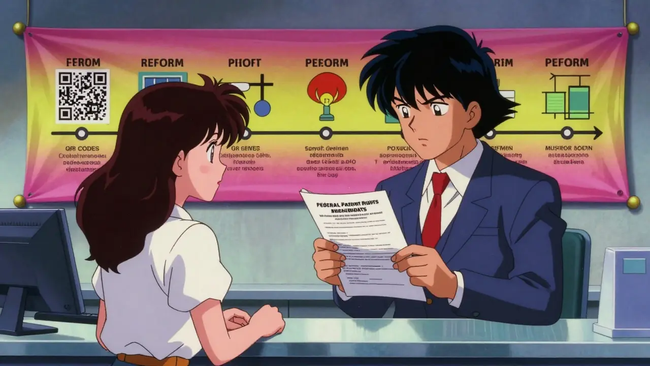 Patient asserting rights at pharmacy as animated reform timeline unfolds behind them.