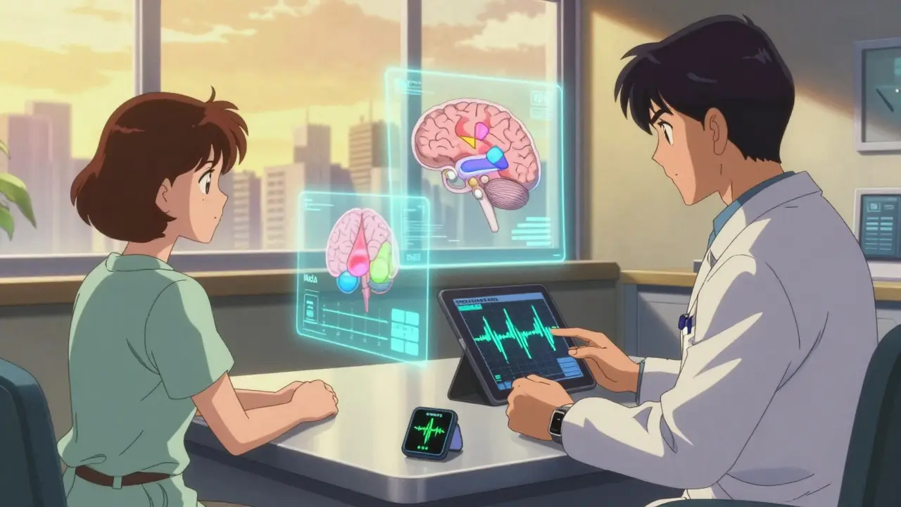 Patient receiving remote DBS programming with floating brain holograms in a futuristic clinic.