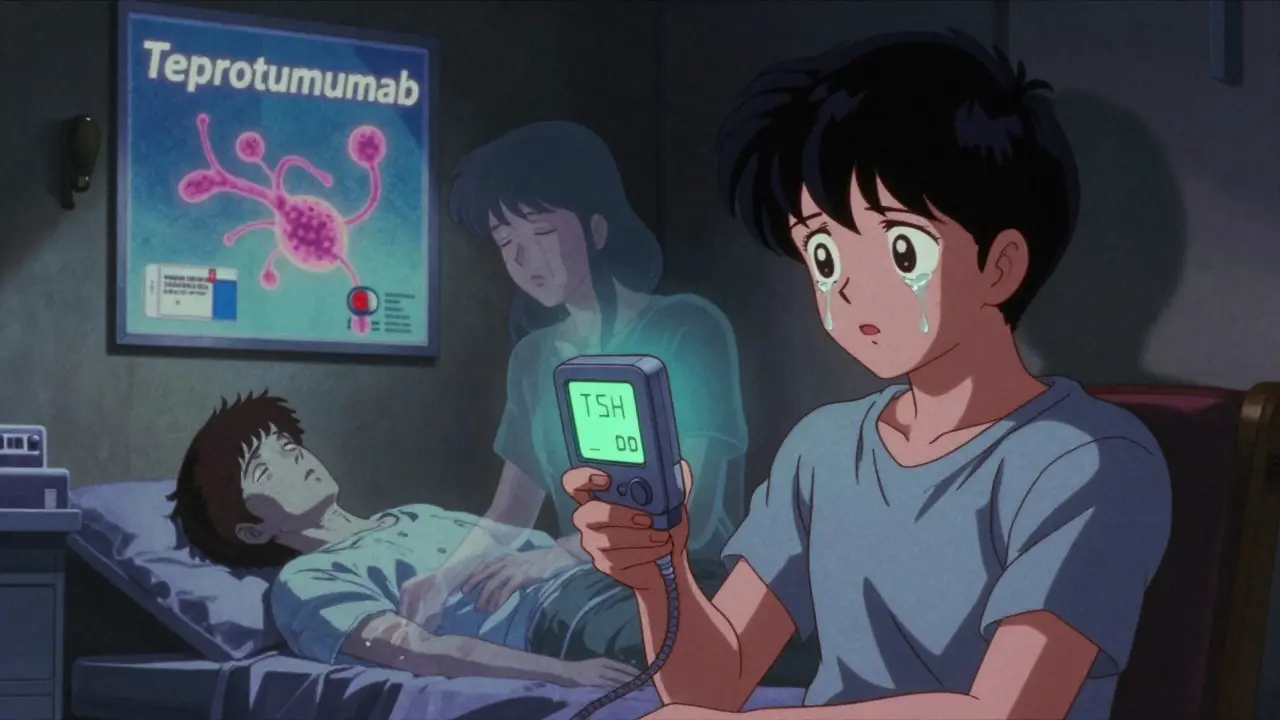 Patient with bulging eyes, holding thyroid monitor as past self fades away