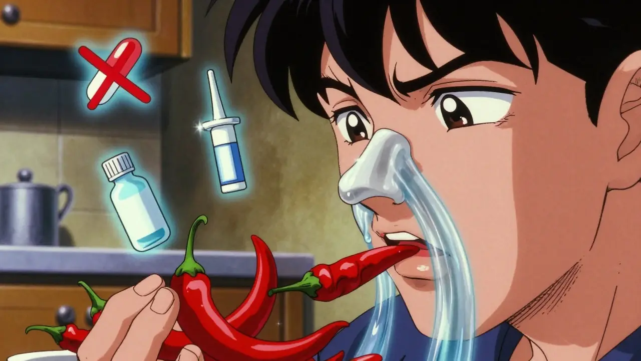 Person eating spicy food, dramatic nasal drip streaming like a waterfall, medical icons hovering nearby.