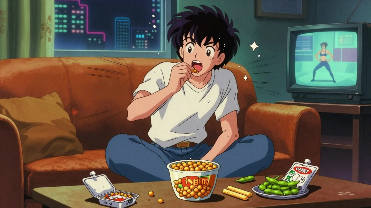 Person enjoying roasted chickpeas and edamame on a couch with tuna pouches and cheese sticks nearby