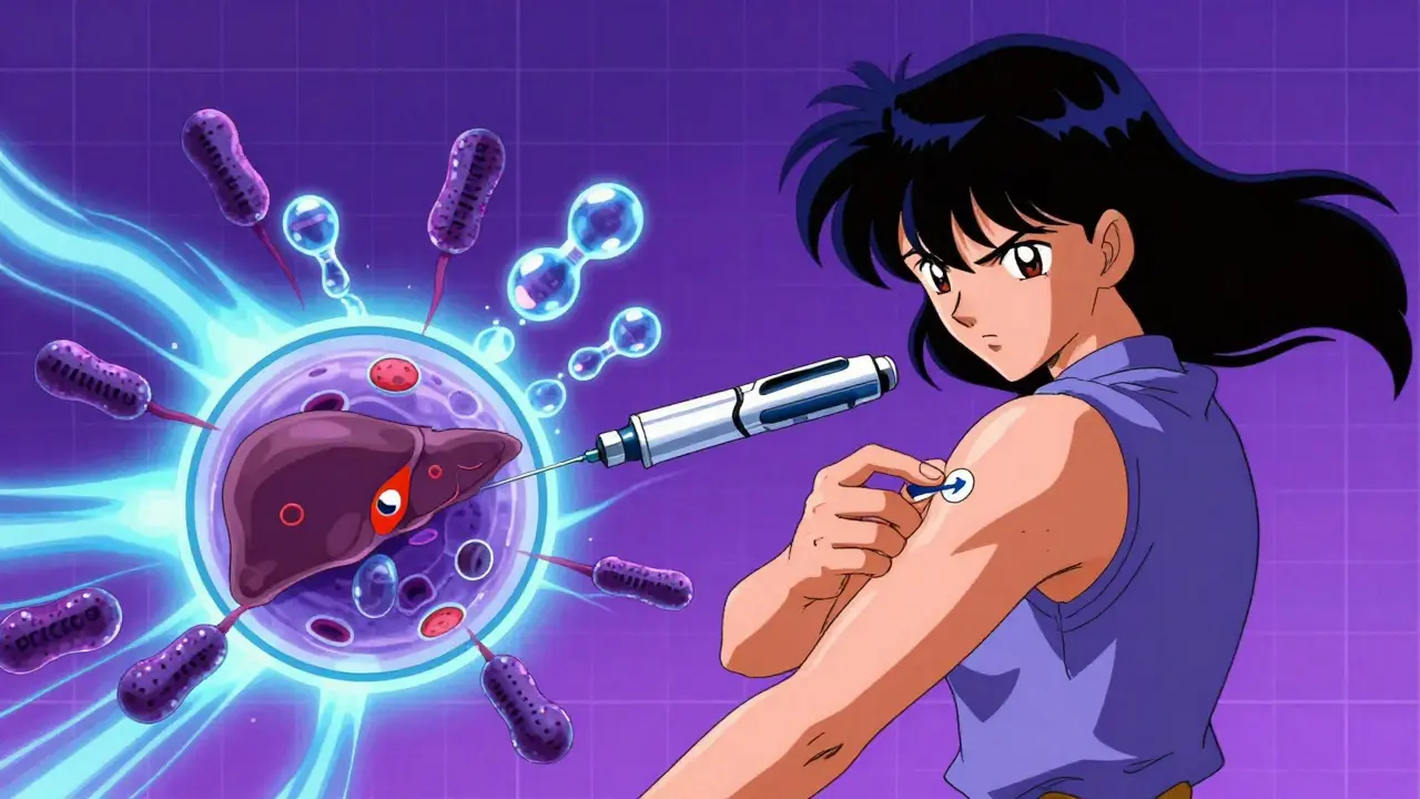 Person injecting PCSK9 inhibitor as glowing molecules block harmful proteins