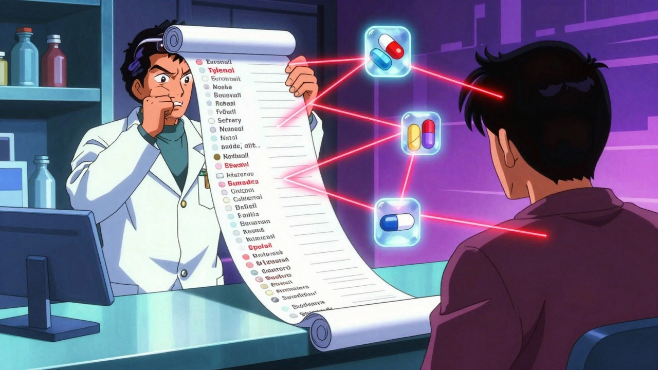 Pharmacist reviewing a sprawling medication list with warning icons floating above.
