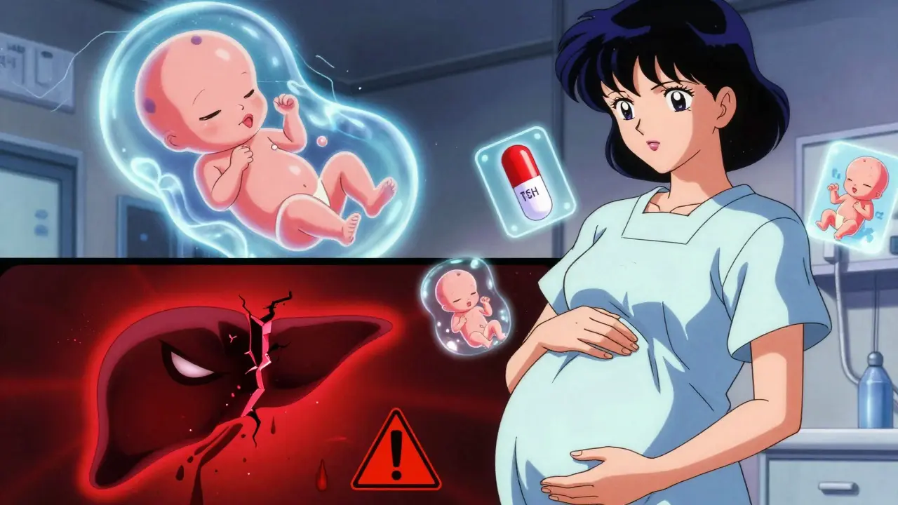 Pregnant woman protected by PTU pill, liver warning symbol glowing beside her