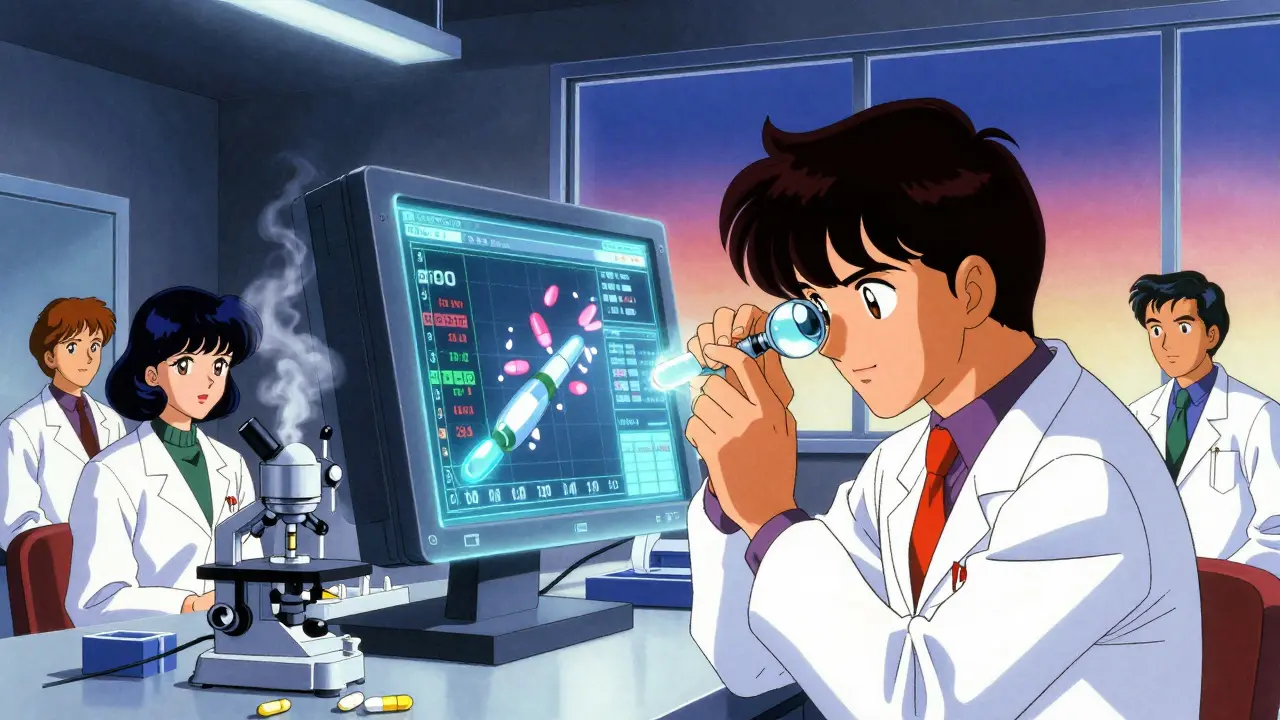 Scientists examining tablet hardness with holographic drug release data in a retro-futuristic lab