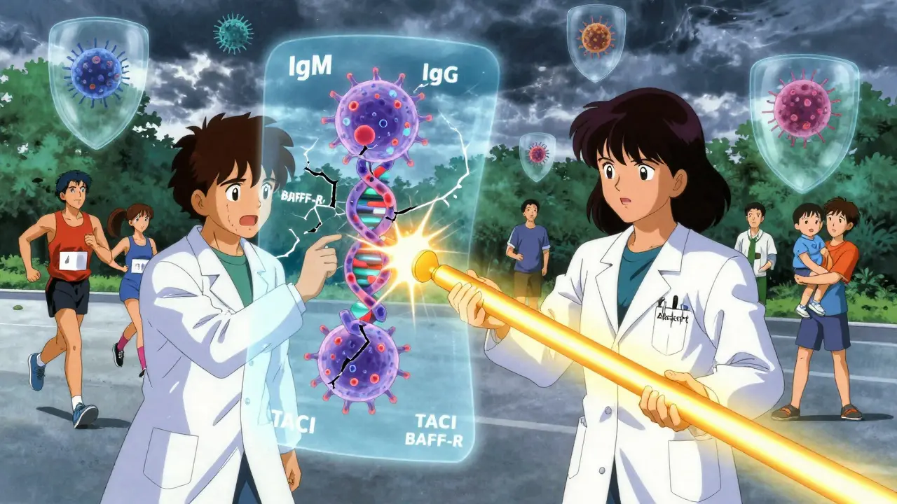 Scientists repairing broken B cells with holograms and golden drug light, patients thriving in background in 80s anime style.