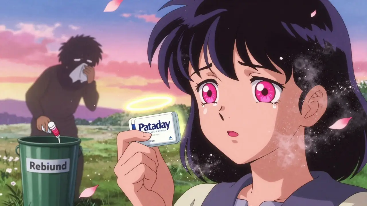 Someone with itchy, swollen eyes during spring, holding an allergy eye drop as pollen swirls around them.