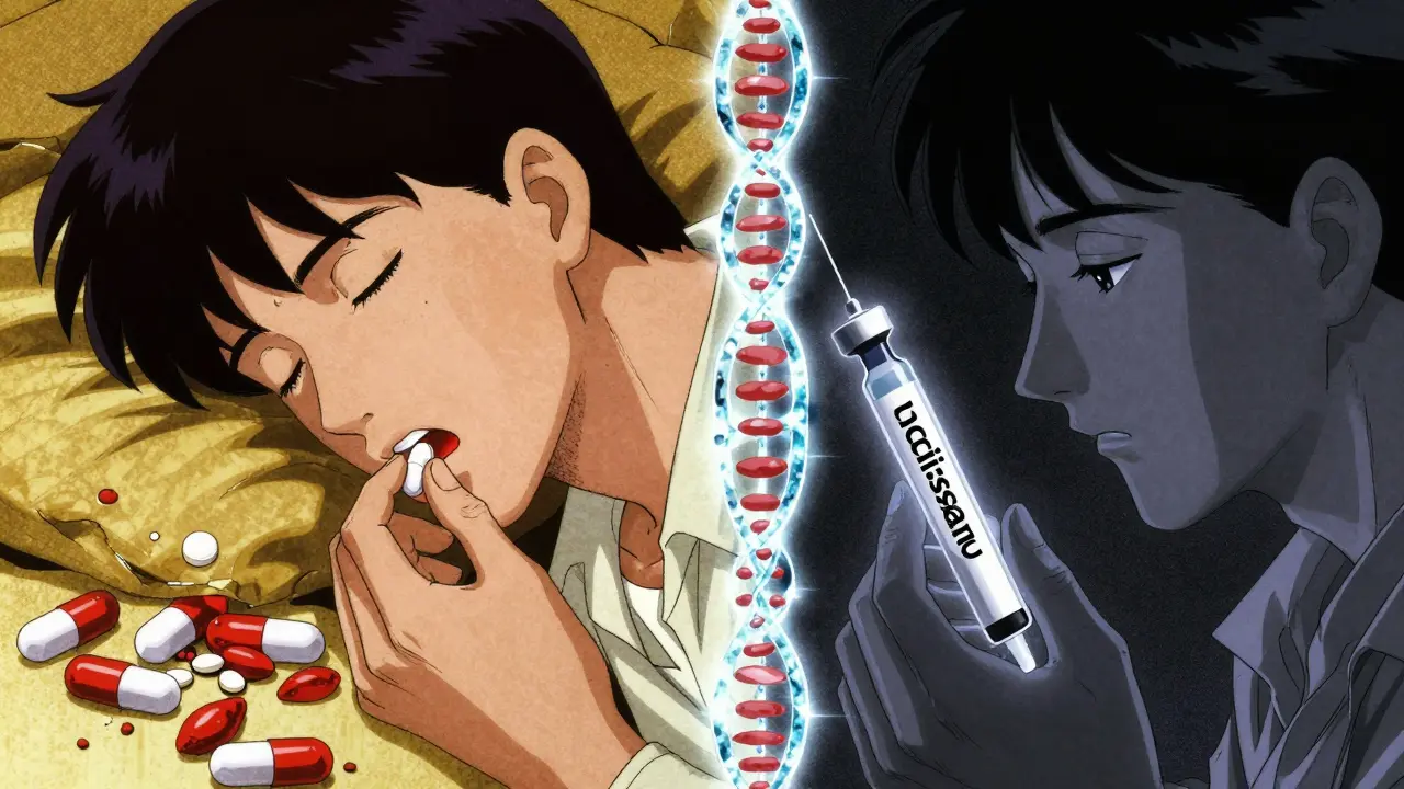 Split scene: daily pills failing vs. annual injection succeeding with glowing RNA