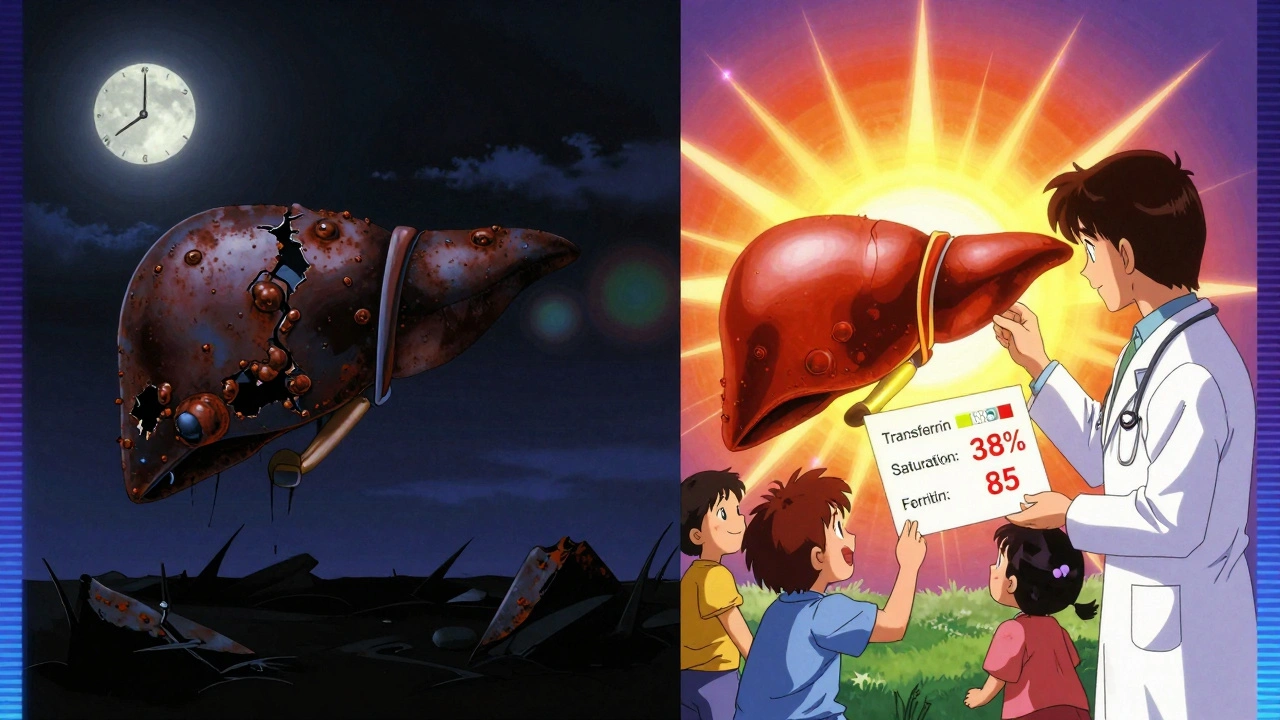 Split scene: damaged iron-covered liver vs. healthy liver under sunrise, with blood test results glowing beside family.