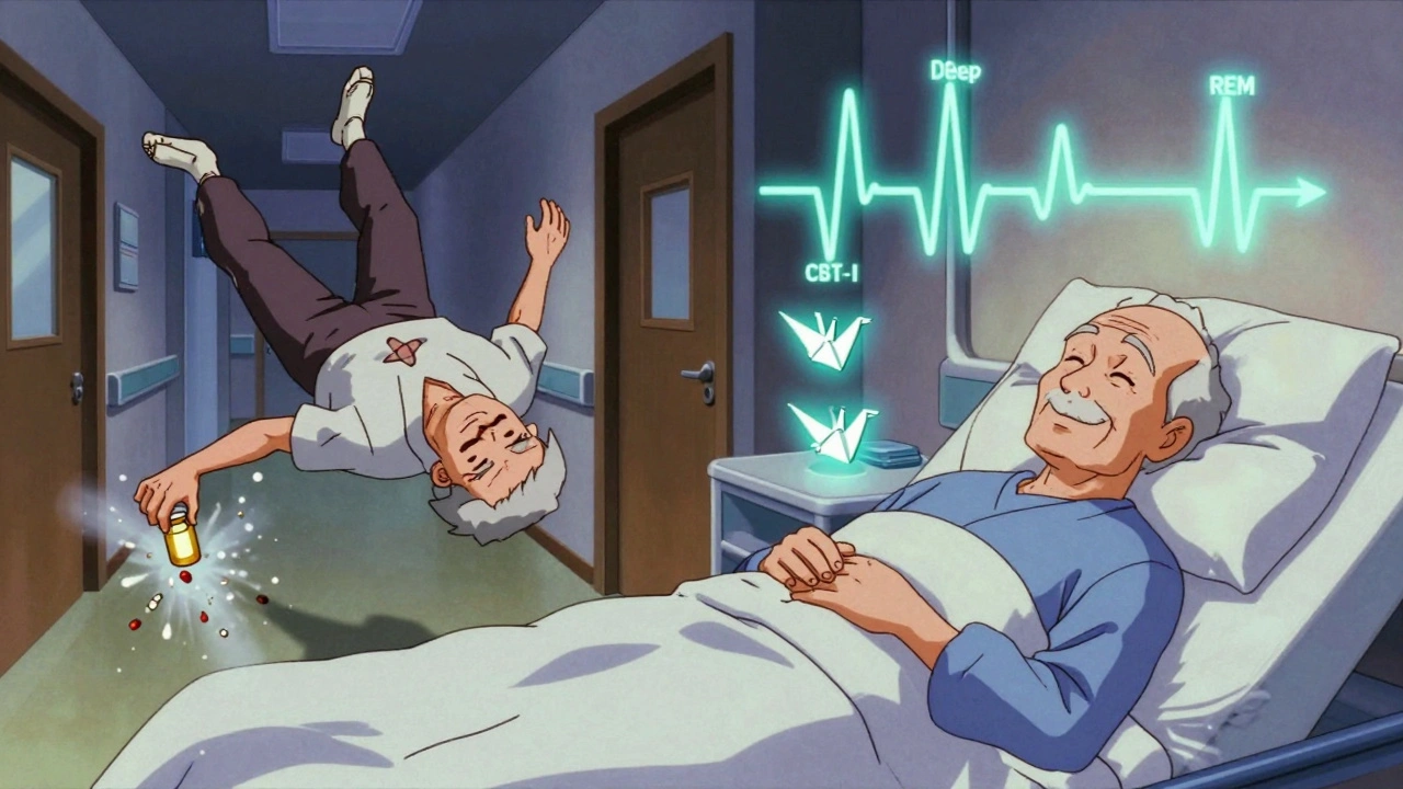 Split scene: elderly man falling with exploding pills vs. same man sleeping peacefully with rising sleep cycle graphs like paper cranes.