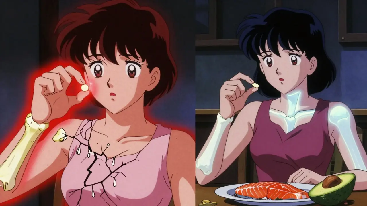 Split scene: one person harmed by high-dose vitamin D, another helped by moderate dose with food.