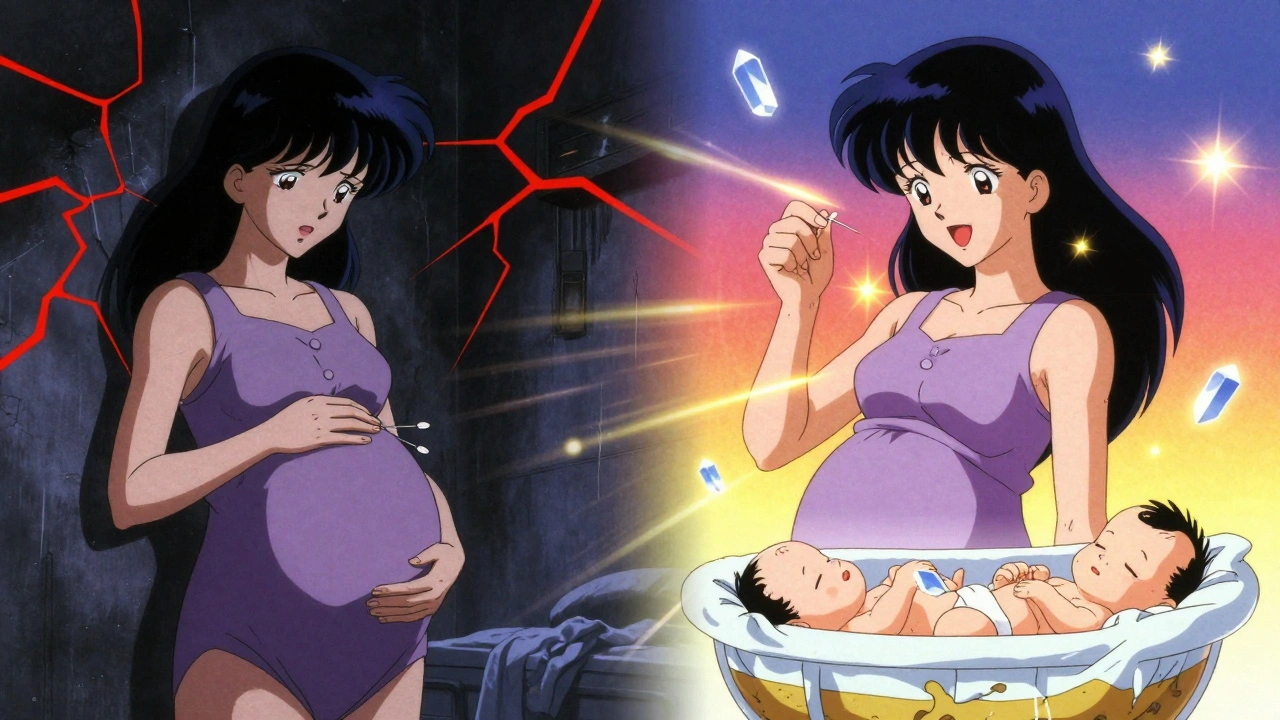 Split scene: pregnant woman in migraine storm vs. calm with magnesium and acupuncture light.