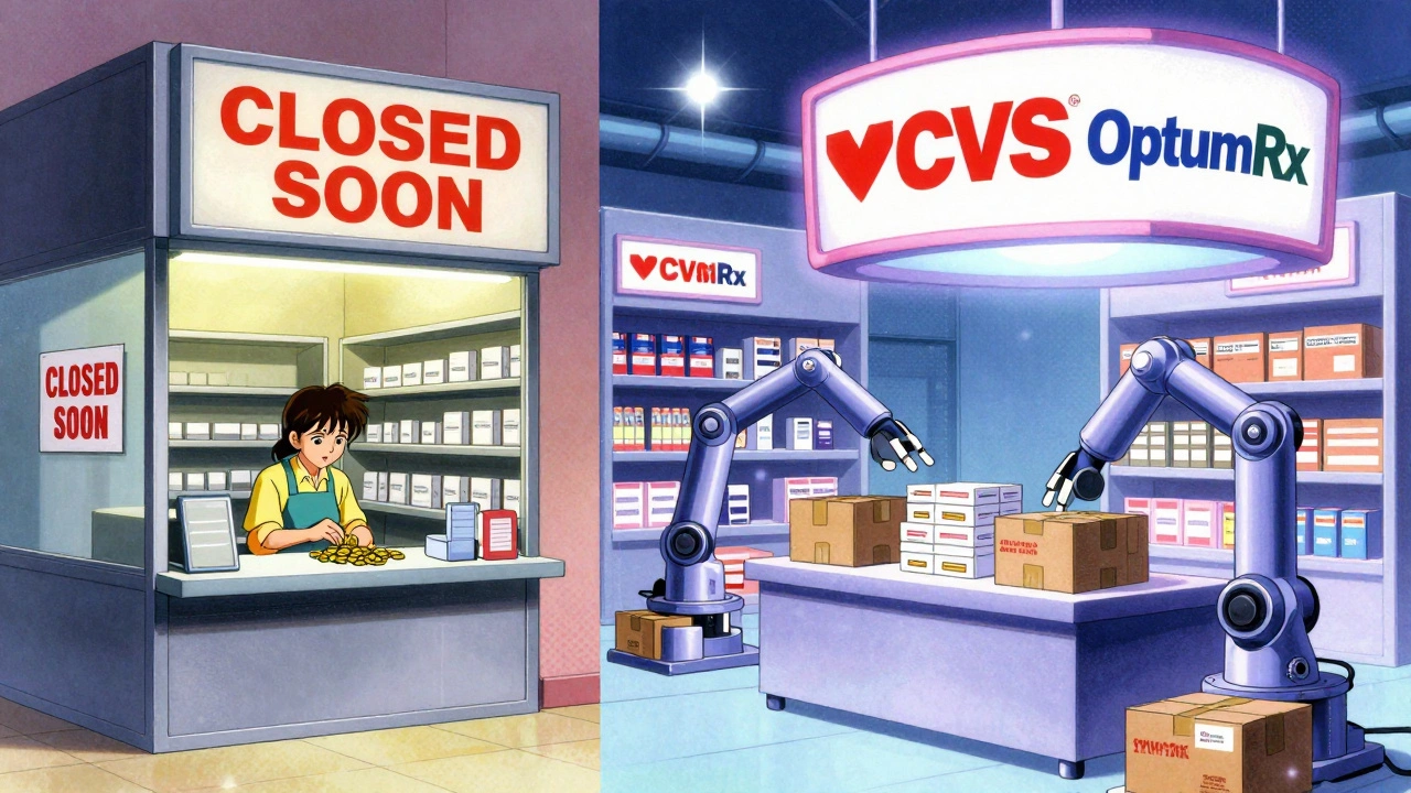 Split scene: small struggling pharmacy vs. massive automated mail-order warehouse with corporate logos.