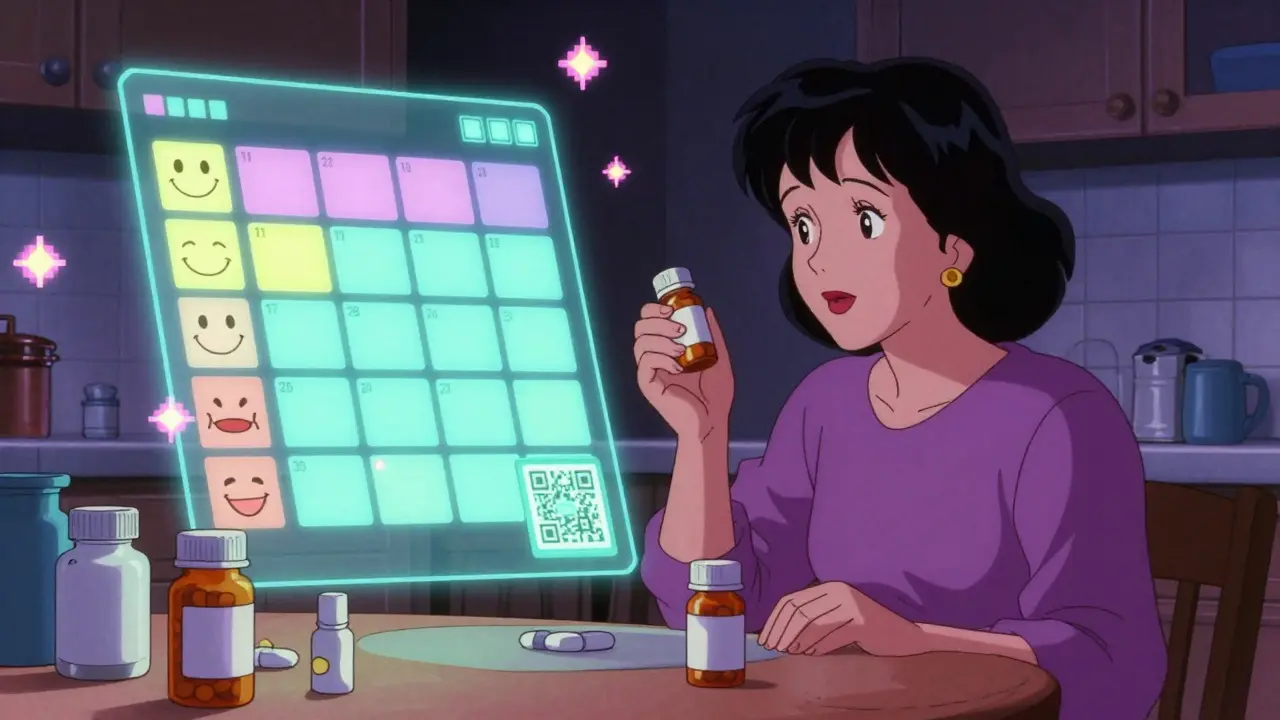 Woman at kitchen table with glowing visual schedule floating above pill bottles.