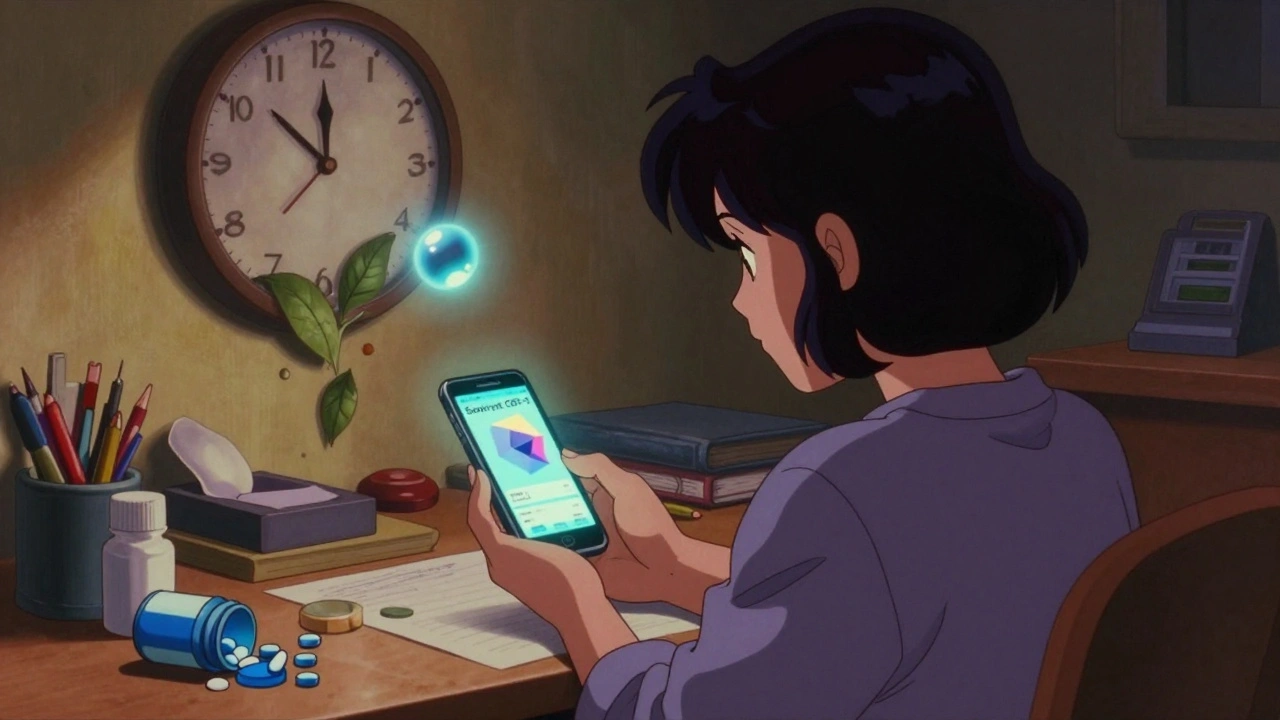 Woman using a glowing CBT-I app on her phone at 3 a.m., melatonin molecule floating nearby, warm light replacing cold pill bottles.