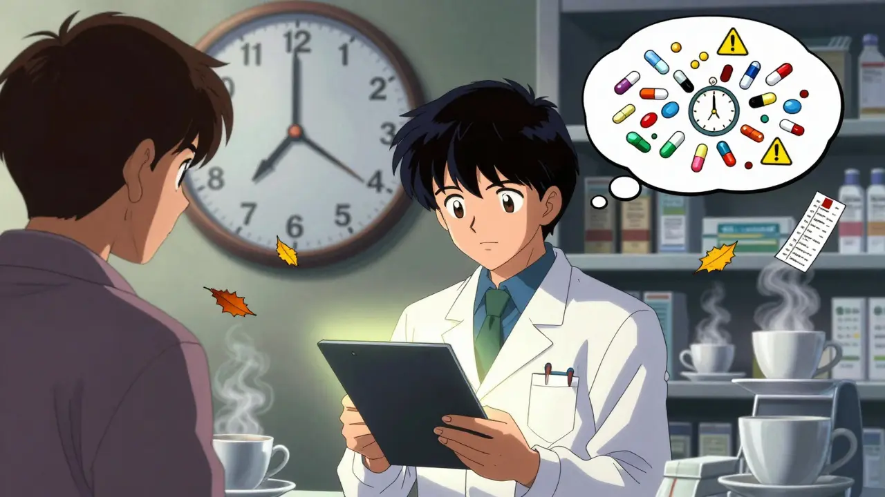 Young pharmacist reading from a glowing script as a patient looks confused, with a ticking clock in background.
