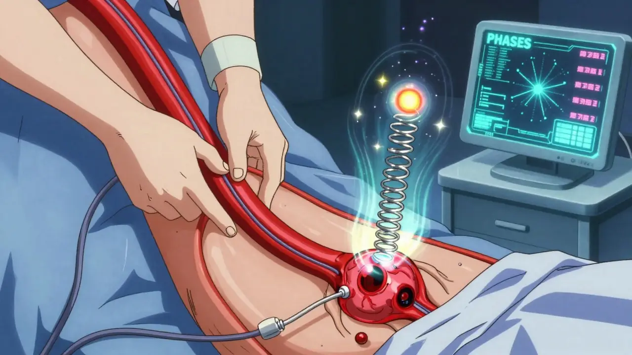 A catheter delivering coils into a brain aneurysm with neon energy effects.
