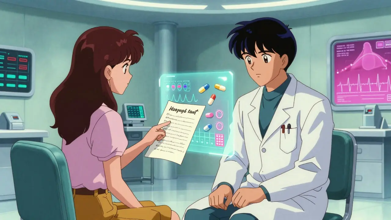 A doctor and patient discussing health with holographic medical data floating between them.