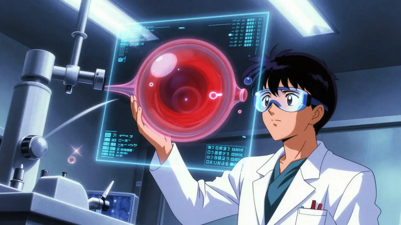 A doctor examining a glowing 3D hologram of a detached retina with a gas bubble nearby in a futuristic lab.