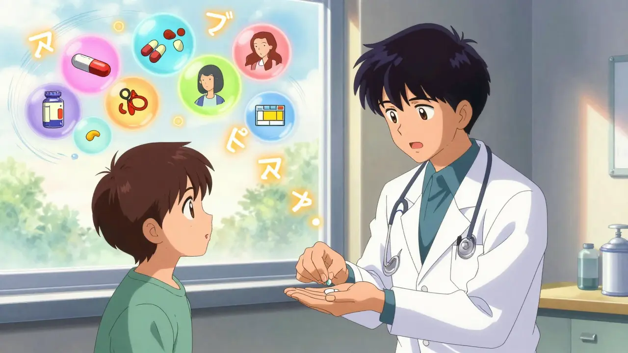 A doctor handing a generic pill to a patient as colorful thought bubbles of doubt and hope swirl around them.