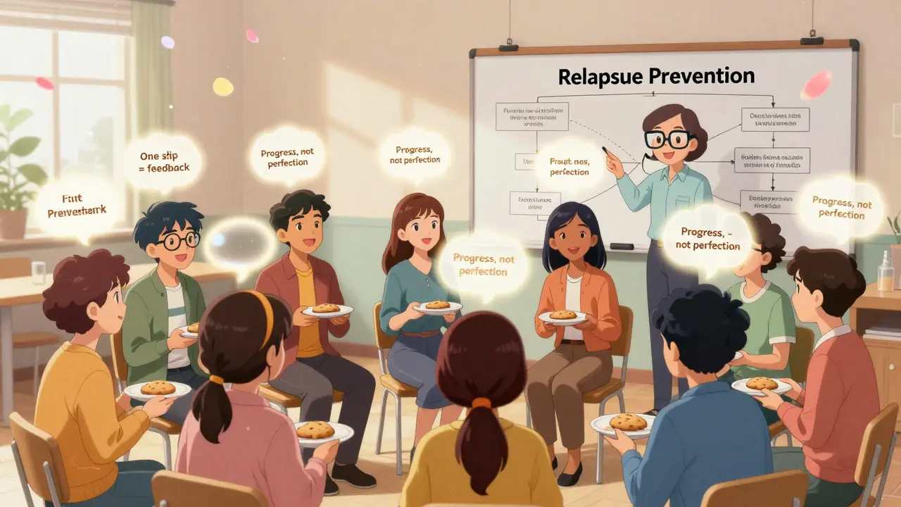 A group of people in a circle with positive thought bubbles about relapse prevention, in 80s anime style.