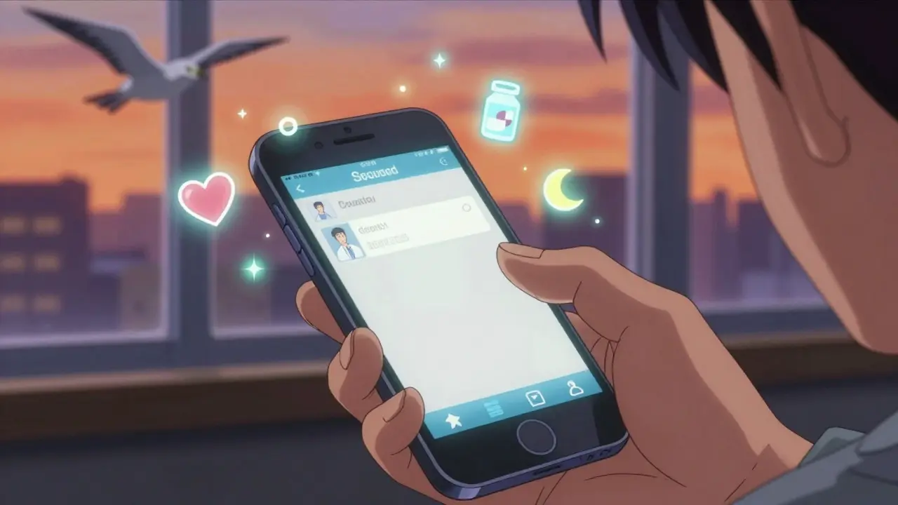 A hand sending a secure message to a doctor via smartphone with glowing health icons.