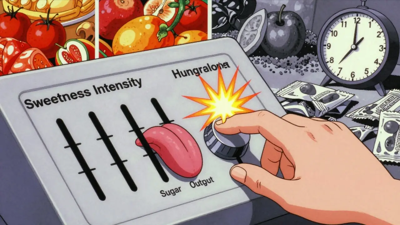 A human tongue as a digital control panel switching from sugar to artificial sweetener, with fading fruit and ticking clock.