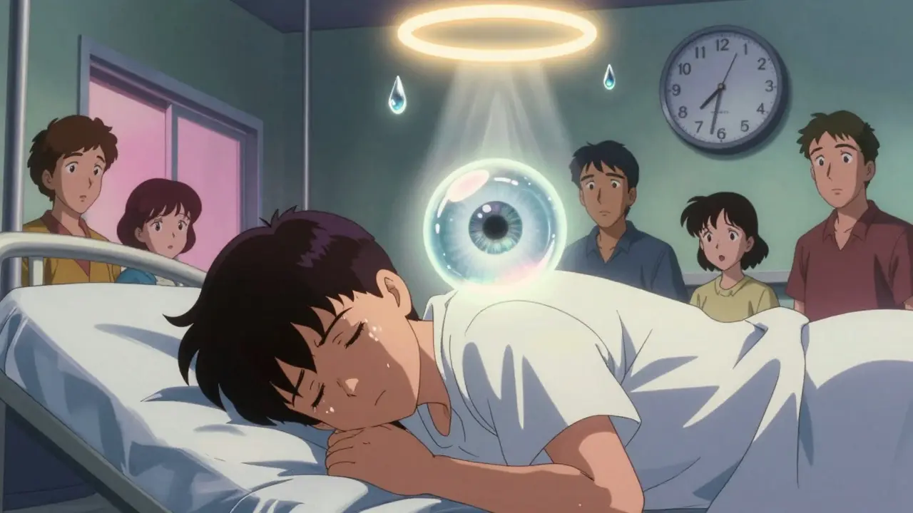 A patient lying face-down with a glowing gas bubble in their eye, time ticking away in the background.