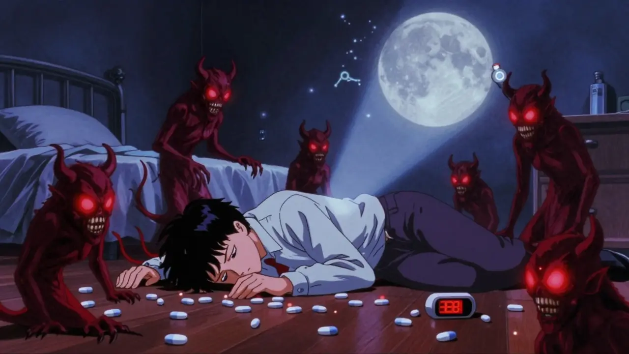 A person collapses as fentanyl demons emerge from fake pills, with UV light revealing real medication's hidden glow.
