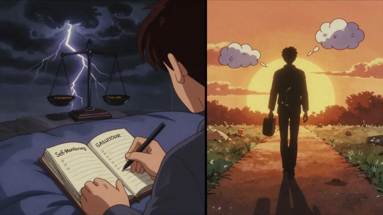 A person journaling at night with contrasting stormy and sunny thought scenes, in 80s anime style.