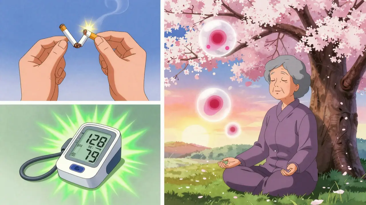 A person quitting smoking and lowering blood pressure with symbolic glowing icons.