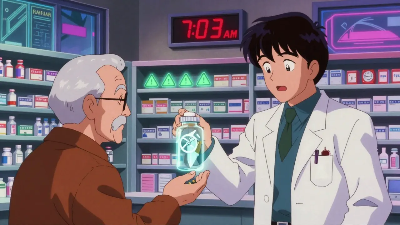 A pharmacist gives a pill bottle to an older man, warning symbols floating from the bottle in a neon-lit pharmacy.