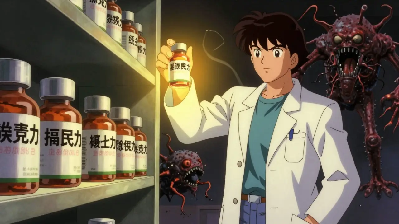 A pharmacist holds up a glowing generic antibiotic vial as it protects patients from monstrous bacteria.