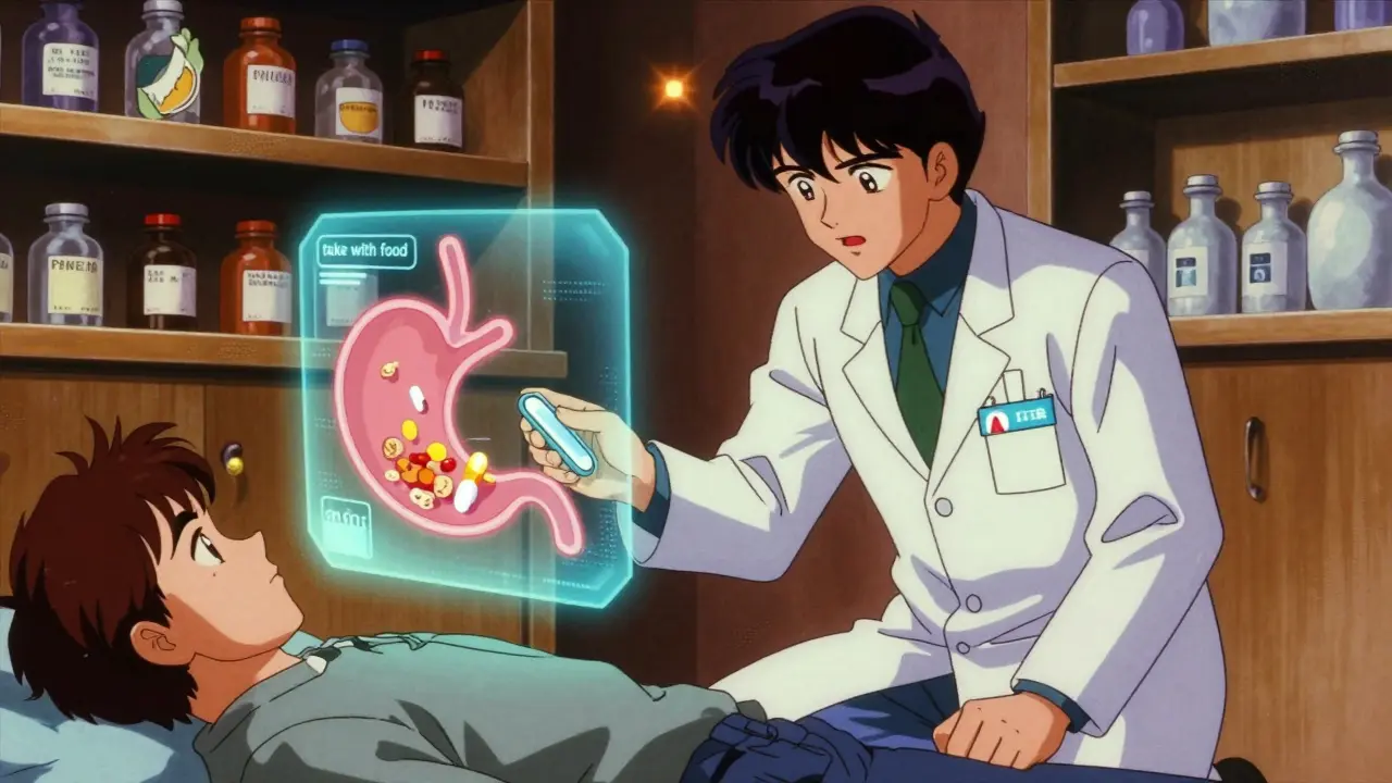 A pharmacist projects a hologram showing how a pill interacts with food in the stomach, using 80s anime visual effects.