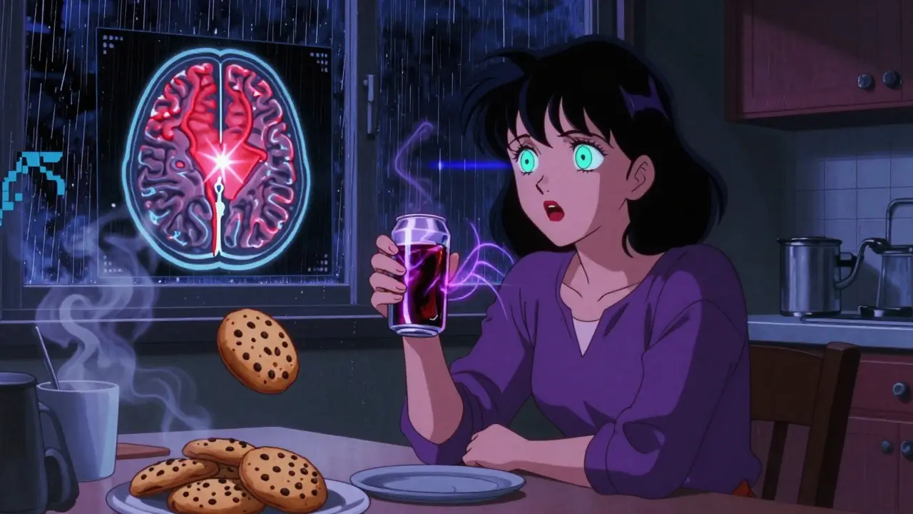 A woman at night with a diet soda, glowing brain scans and floating cookies around her in a dim kitchen.