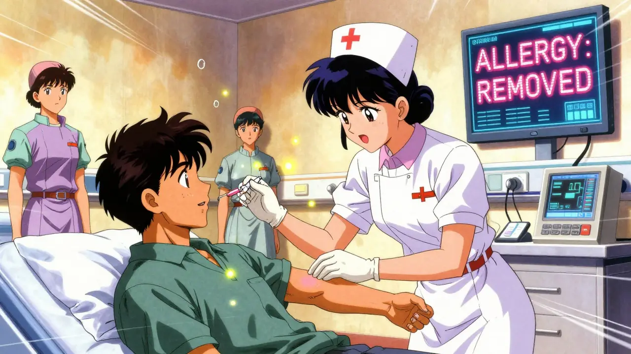 Adult receiving a penicillin skin test with glowing molecules in a modern hospital.