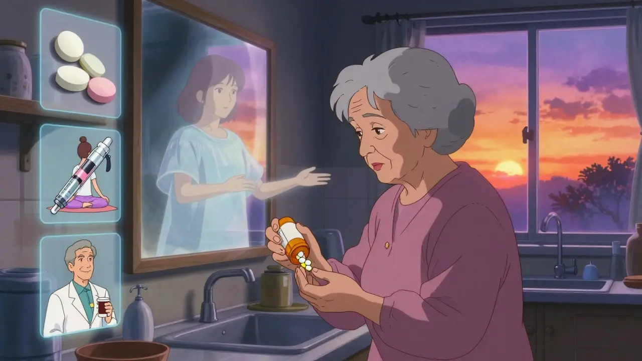 An elderly woman chooses her treatment path as past and future versions of herself appear in a sunrise-lit kitchen.