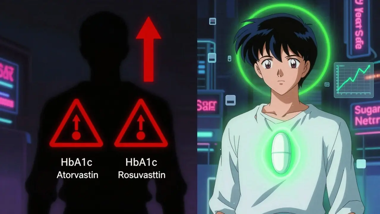Contrasting figures under different statins: one dark with warning signs, one bright with green halo and stable glucose data.