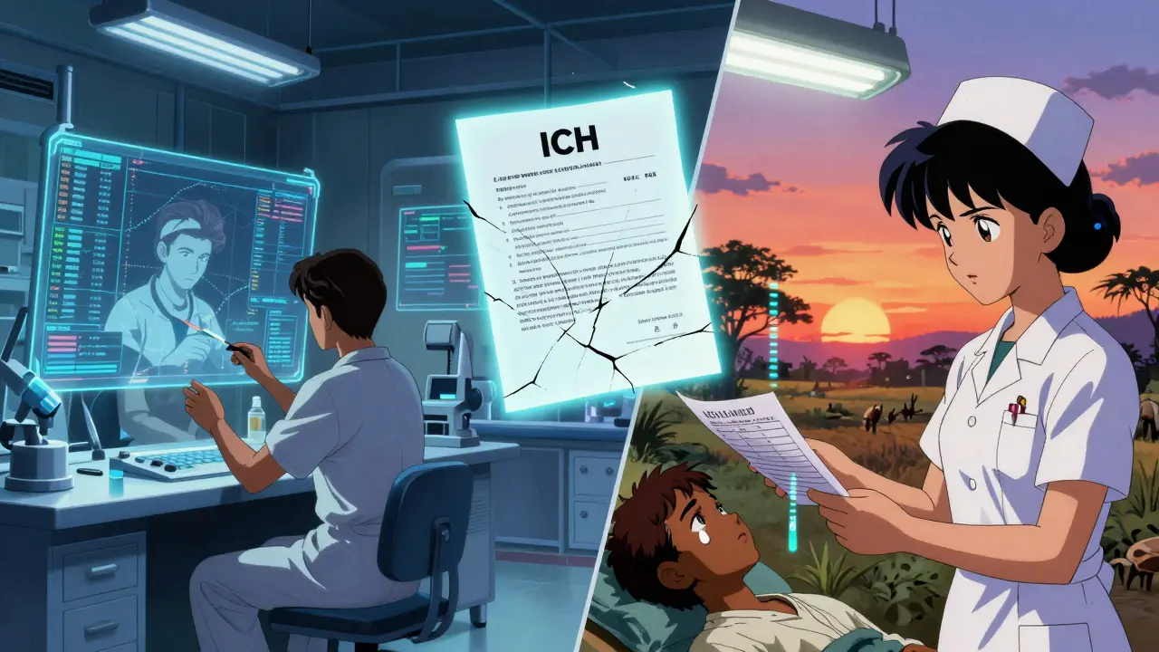 Contrasting high-tech lab and rural clinic with a floating ICH guideline bridging the digital divide.