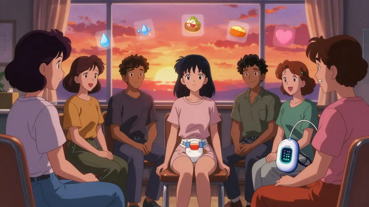 Diverse group of ostomy patients in a support group, smiling with smart bag glowing softly.