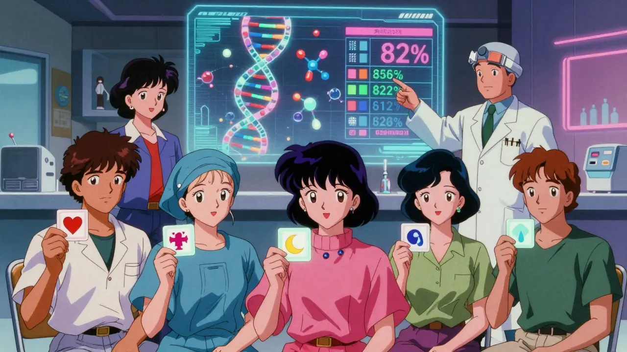 Diverse patients hold glowing medication cards as a holographic DNA-drug display shows adherence rates.
