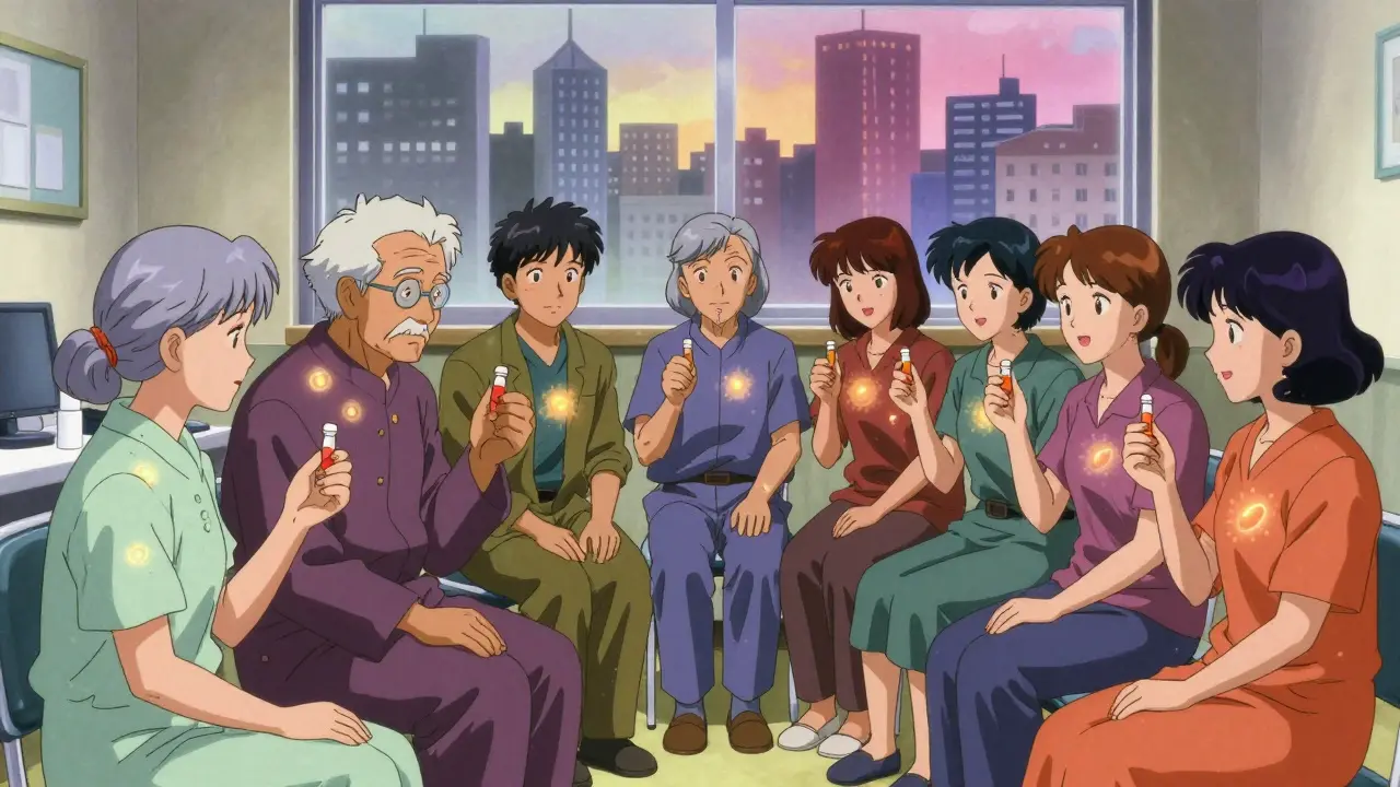 Diverse patients in a clinic take antiviral pills, their bodies glowing as the virus disappears, symbolizing hope and recovery.