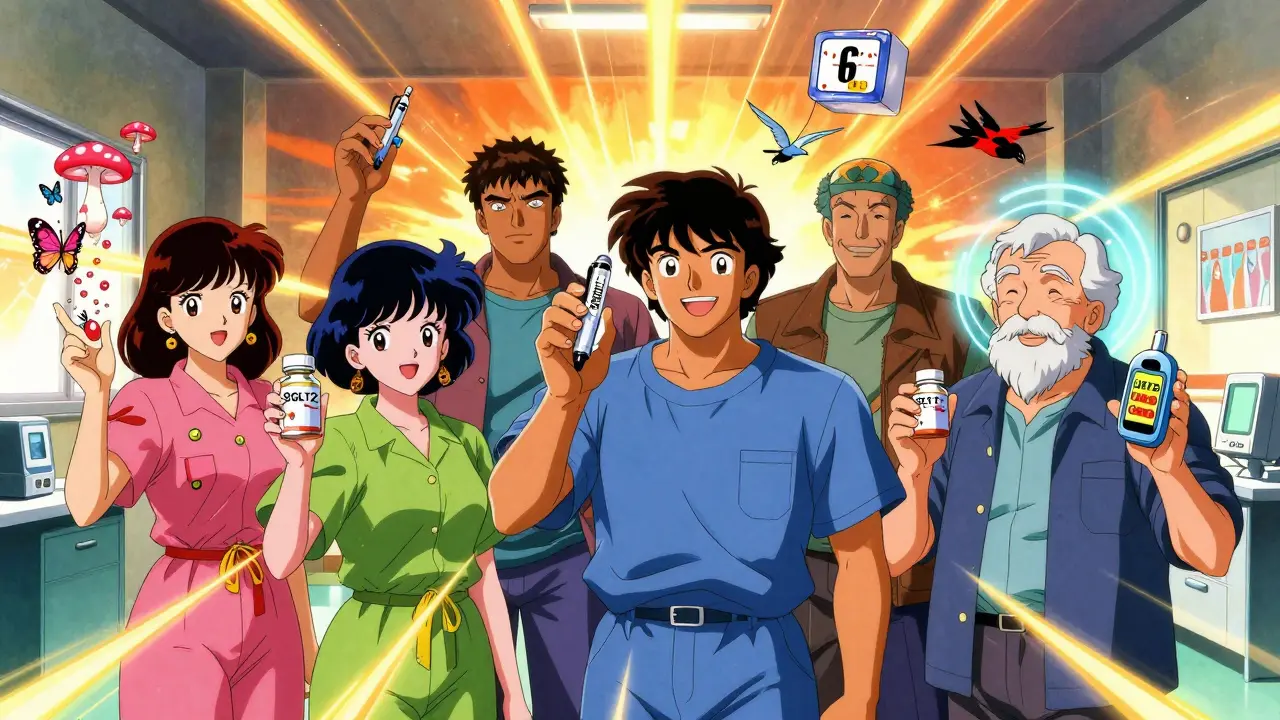 Diverse patients in clinic holding diabetes meds, with symbolic butterflies and glowing devices.