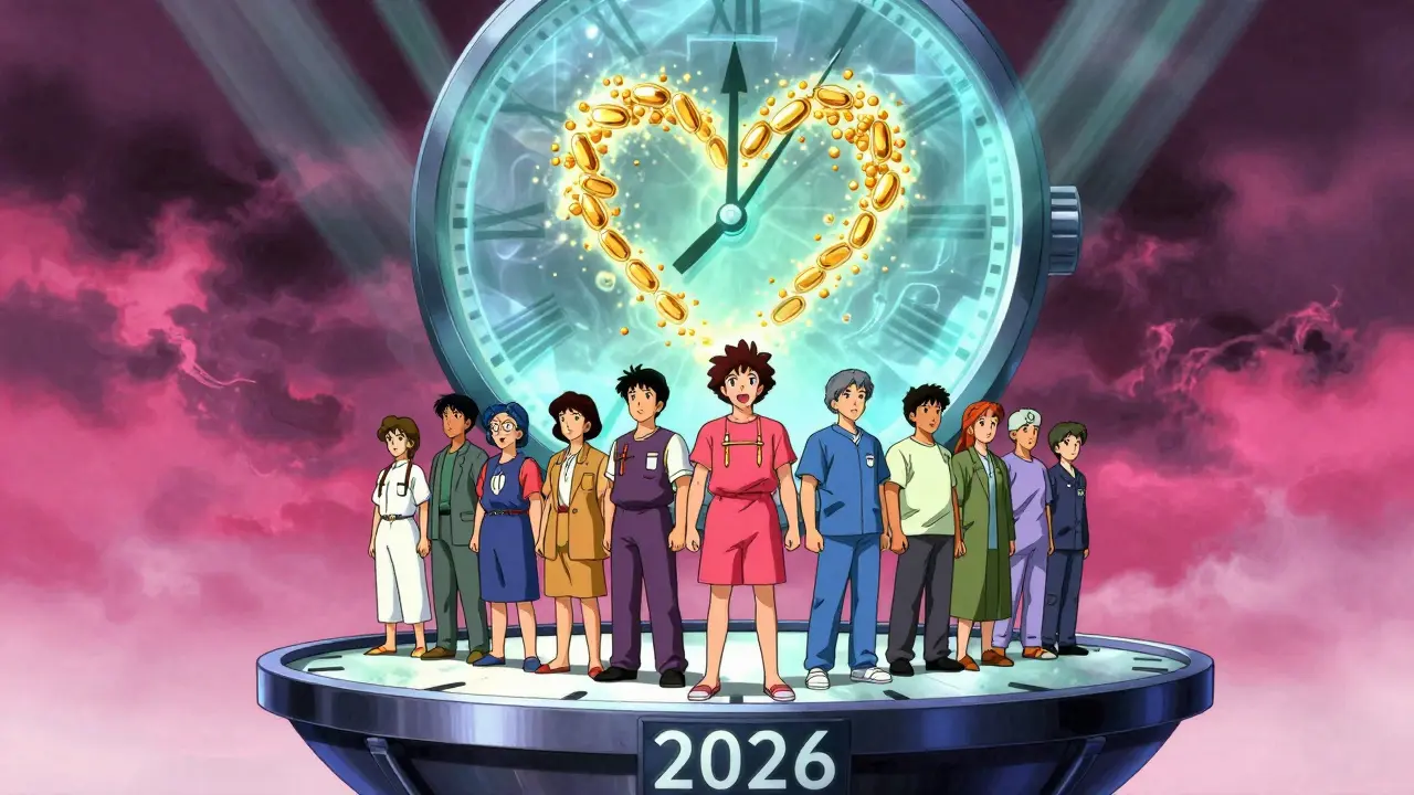 Diverse patients on a floating platform under a PERISCOPE trial hologram, golden statin particles forming a heart.